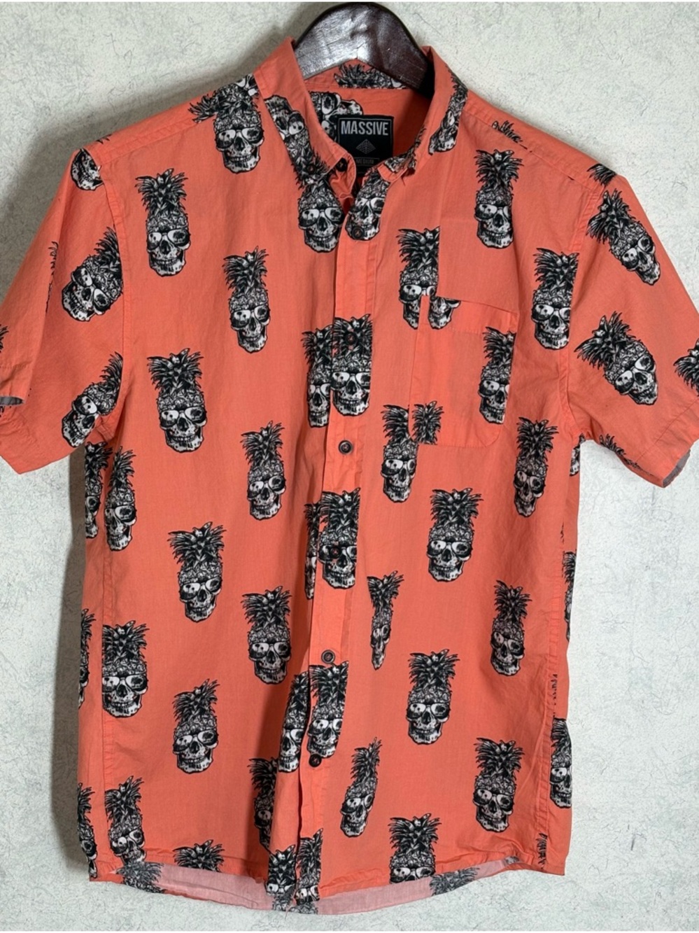 Super Massive Coral Short-Sleeve Button-Down Shirt with Black Pineapple Skulls